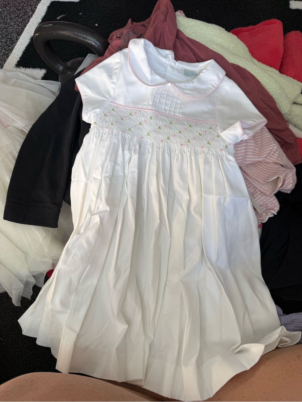Edgehill Collection White Girls' Smocked Dress with Pink Trim
